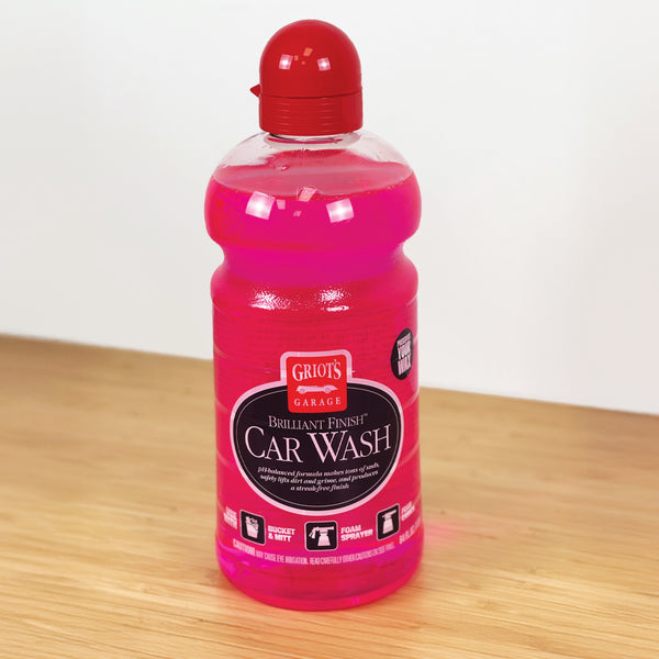 Bottle of Griot's Garage Car Wash on a wooden surface with a white background